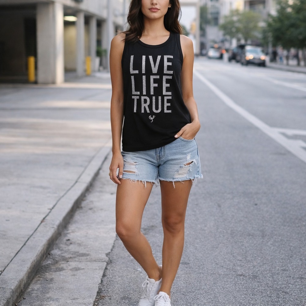 True Religion Y2K Rhinestone Graphic Tank Top Women PS Black Sleeveless NWOT